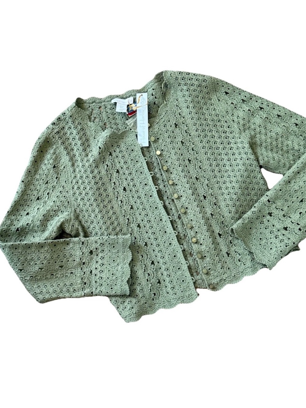 NWT House of Harlow 1960 Women L Crochet Cotton Boho Scallop Cardigan Sweater